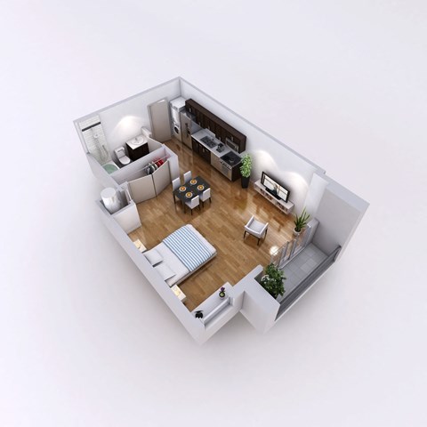 A top-down view of a living room with a couch, coffee table, and television.